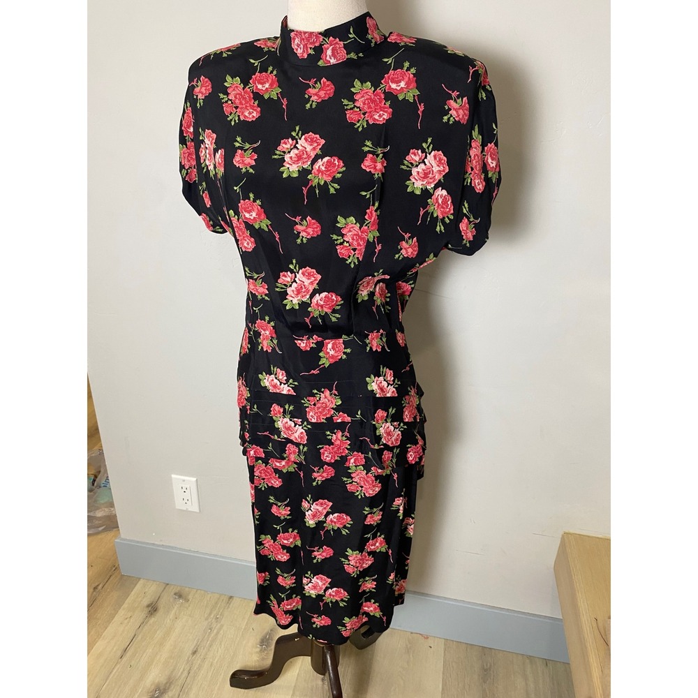 Vintage 80s 90s Floral Rose Mock Neck Midi Dress Black Red Tiered Hip Detail